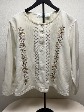 Shenanigans Vintage Cottage core Cream Long-Sleeve Henley with Floral Embroidery